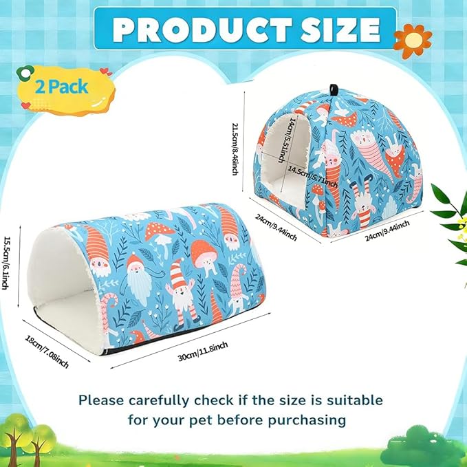 Guinea Pig Tunnel and Bed 2-Pack Set, Chew Proof Small Animal Hideout & Play Tube with Soft Bedding, Holiday Christmas or Natural Leaf Design for Guinea Pigs, Hamsters, Rabbits (Blue)