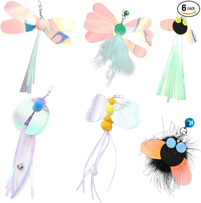 Cat Insect Feather Toys Replacement Cat Toy Wand Refills, 6 Pieces Natural Insect Cat Toy Feathers Refill, Interactive Cat Teaser Wand Attachments, with Bell