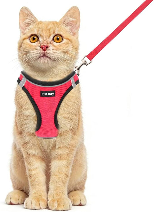 Rttochfy Cat Harness and Leash Set, Escape Proof Kitten Harness, Soft and Breathable Vest with Reflective Strip, Easy to Wear for Cats Walking and Traveling (BK Red, XS)