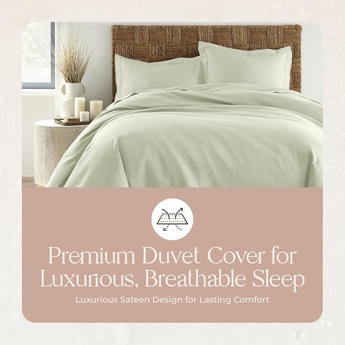 100% Organic Cotton Duvet Cover Twin Size - Naturally Soft Lightweight & Cooling Duvet Cover Set with Decorative Shams - Premium GOTS Certified 300 Thread Count Sateen Weave (Pastel Green, Twin)