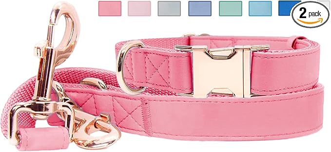 Soft Leather Dog Collar and Leash (6.6') Set - Stylish Rose Gold Heavy Duty Metal Buckle, 4 Adjustable Lengths Leash for Small Medium Large Dogs - Comfortable & Easy to Clean Dark Pink S(12.2"-16.9")
