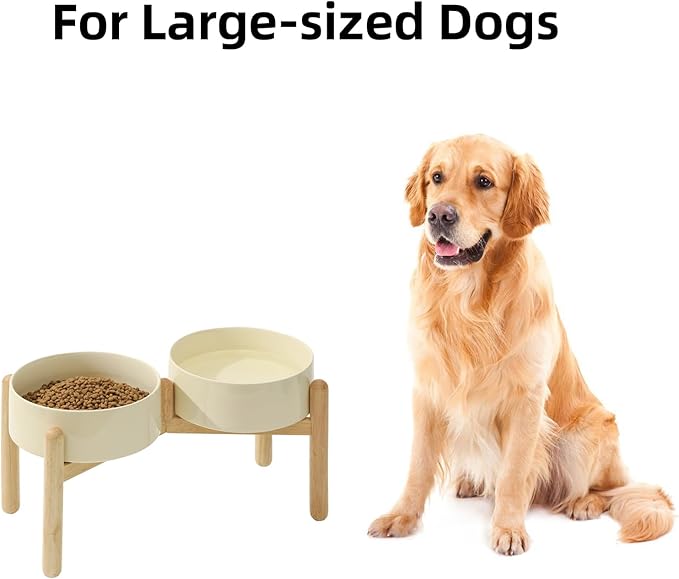 Havniva Ceramic 8.2inch Raised Dog Bowl with Stand for Large- Breed Dogs, Pet Food and Water Feeder (Double Bowl with Stand - Light Yellow)