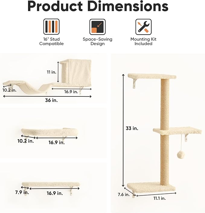 FUKUMARU Cat Wall Shelves, Stable & Safe 5 in 1 Cat Walls Furniture Set, Wooden Kitten Climbing Wall with Scratching Post for 16 Inch Drywall - Beige