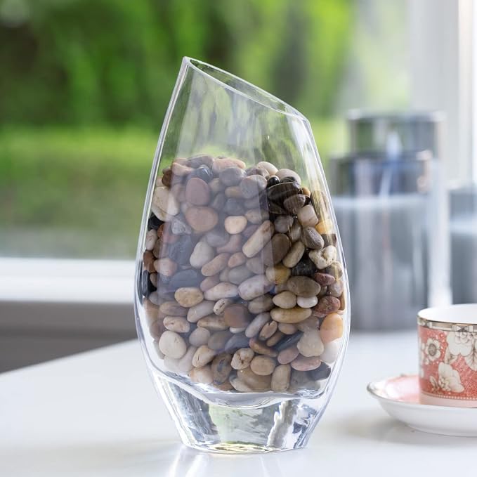 Unique Angled Rim Clear Glass Vase 6.0" W 10.0" H, Decorative Flower Vase for Home Decor Indoor, Wedding Centerpiece Event (1 Piece)