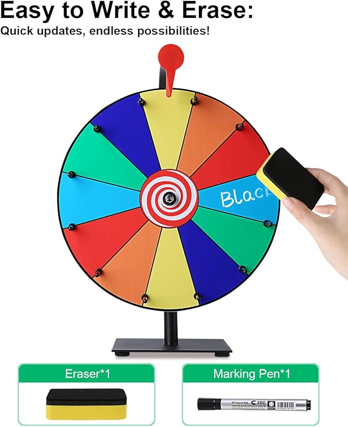 Prize Wheel 12 Inch, Spinning Wheel with 12 Writable Slots, Durable Spin The Wheel Game with Stand for Events, Classroom Games, and Party Raffles