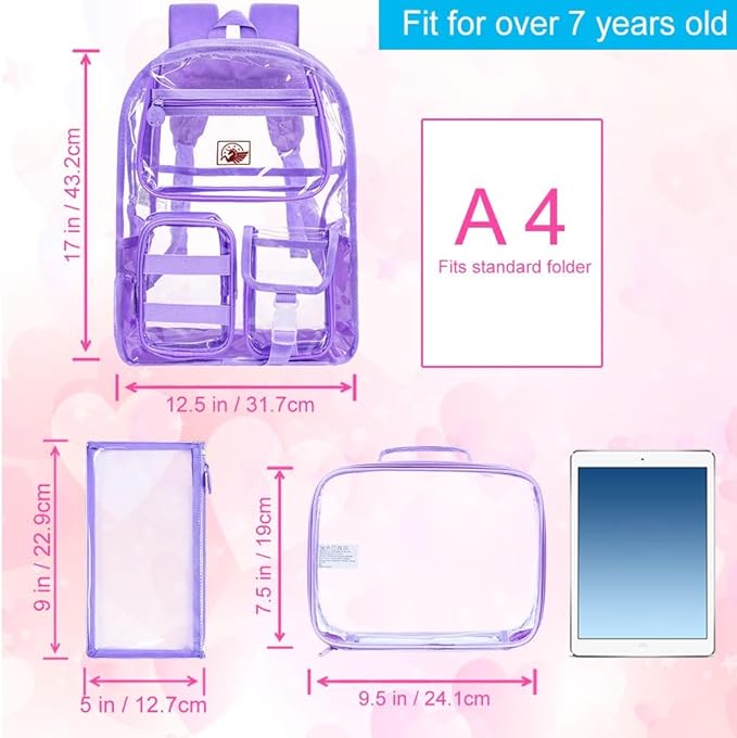 CCJPX 3Pcs Clear Backpack for Girls, School Transparent Bookbag, Heavy Duty See Through Backpacks for Teens Elementary