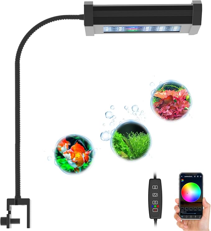 Lominie Aquarium Plant Light, Freshwater Small Fish Tank Light Timer Dimmer 6500K with Gooseneck for Planted Refugium Nano Tank (Freshwater)