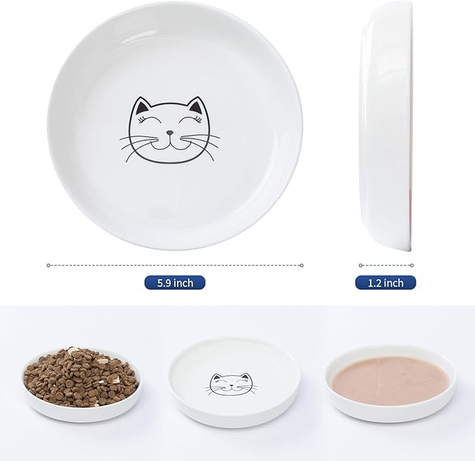 Lusifaco Shallow Cat Food Bowls - 5.9 Inch Wide Ceramic Anti Whisker Fatigue Cat Dishes Set With Non-Slip Silicone Mat - Kitten Plates for Food and Water - 3 Pack (Blue)