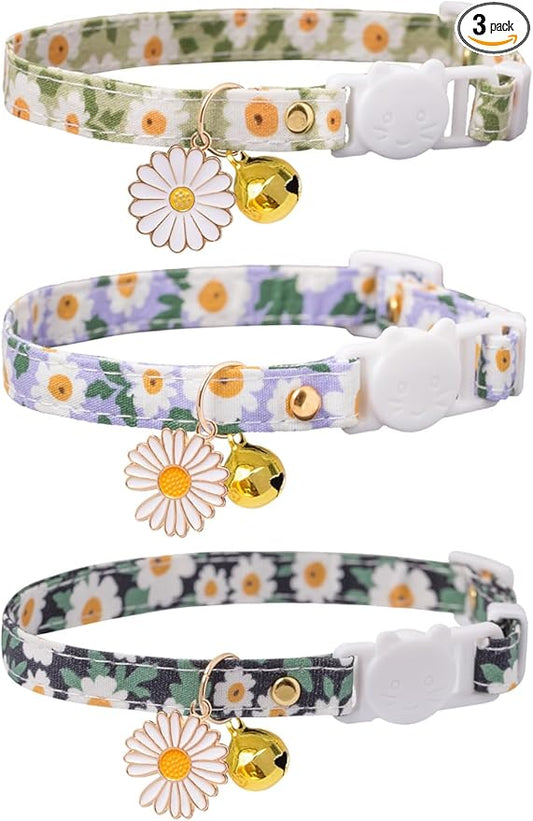 Cat Collar Breakaway with Bells,3 Pack Safety Adjustable Pet Collars,Ideal for Girl Boy Kittens. (Green Black Blue Daisy)