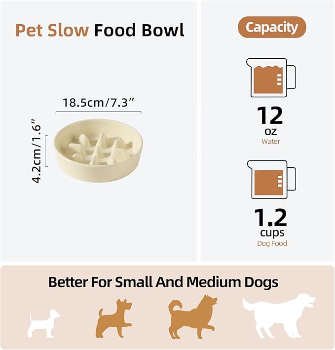 Havniva Ceramic 1.2 Cup Dog Bowl Slow Feeder, 7.3 inch Slow Pet Food Dish for Medium and Small Dog, Stop Bloat, Preventing Choking(Single Bowl, Light Yellow)
