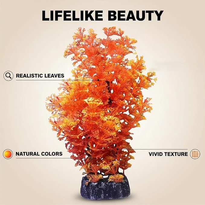 Mipukbay Orange Aquarium Plants - Artificial Plastic Fish Tank Decor, Realistic Ornament Safe for Fish & Shrimp, Low-Maintenance Aquascaping Plants for Freshwater/Saltwater Tank Landscaping