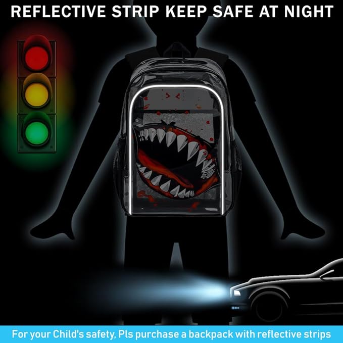16" Shark Clear Backpack for Boys - 3Pcs School Stadium Approved Transparent Set, Campus See Through Bookbag with Lunch Box (Black)