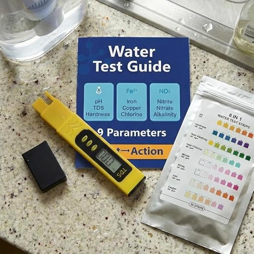 Water Test Kit - TDS Meter, 20 Test Strips (8 in 1), User Action Guide & 2 Record Sheets. Digital Water Tester for Home, Tap & Well Drinking Water.