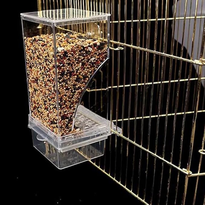 No Mess Bird Feeder for Cage,Automatic Parrot Feeder Cage Accessories,Transparent Parakeet Seed Container Food Feeder Drinker for Cage,No-Spill Transparent Bird Feeder (Clear)
