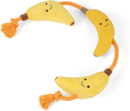 Fuzzl Tugga Bananas Dog Toy 75cm - Rope Latex and Plush Dog and Puppy Throw Fetch and Tug with Squeaker