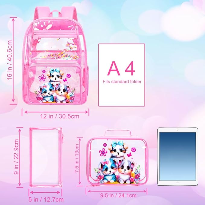 Clear Backpack for Girls and Boys, Kids Transparent Bookbag, 3PCS Cute See Through School Bag for Elementary Prechool