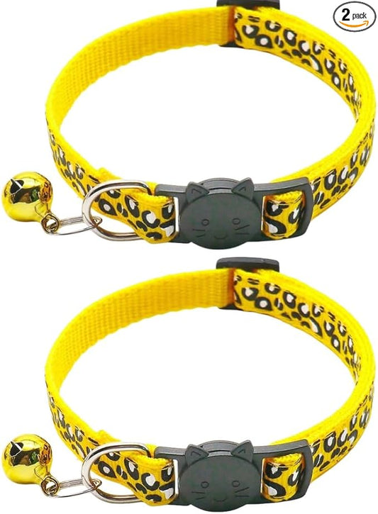 Reflective 2 Pack Breakaway Cat Collars with Bell Leopard Pattern Cute Kitty Adjustable 7.5-12.5 Inch Safe Kitten Collars Charms (Yellow)