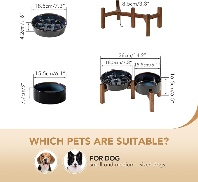Havniva Elevated Slow Feeder Dog Bowls, 1.2 Cups/7.3 inch Slow Feeders + 6.1 inch Ceramic Dog Food & Water Bowls Set with Acacia Wood Stand Puzzle Bowls for Fast Eater, Small Dogs Anti-Choking