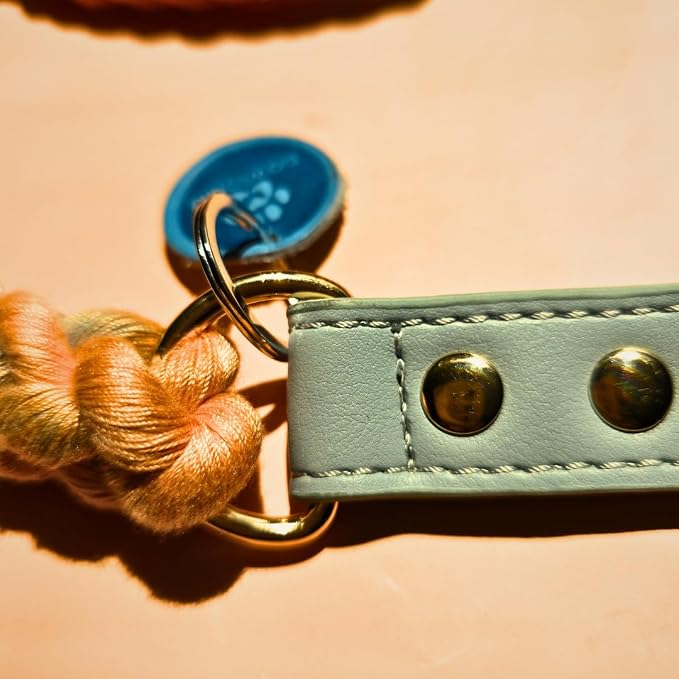 Pawtopia Cotton Rope Collar for Large Dogs, Vegan Leather Handle (Light Blue) with One Complimentary Roll of Dog Poop Bags (15 Bags), Durable Metal Buckle (Soft Rainbow, Large), Give Back