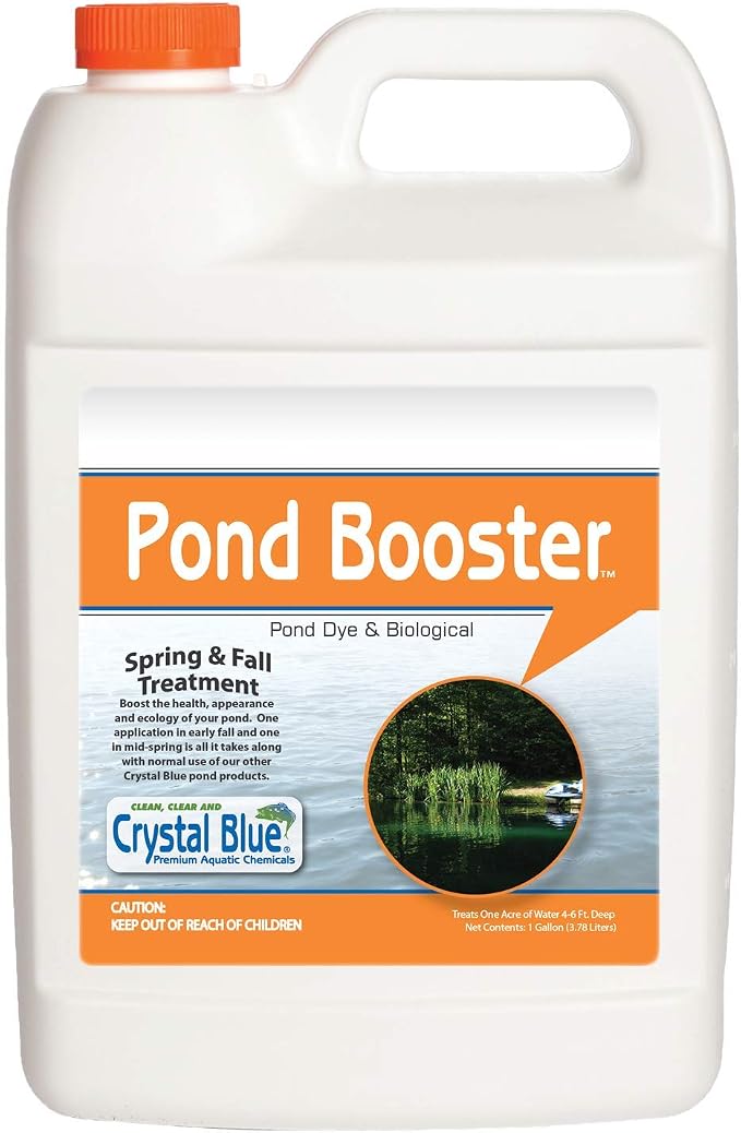 Crystal Blue Pond Booster - Blue Pond Dye & Natural Pond Cleaner Combo - Treats up to 1 Acre - Crystal Blue Water While Reducing Muck & Sludge - 1 Gallon