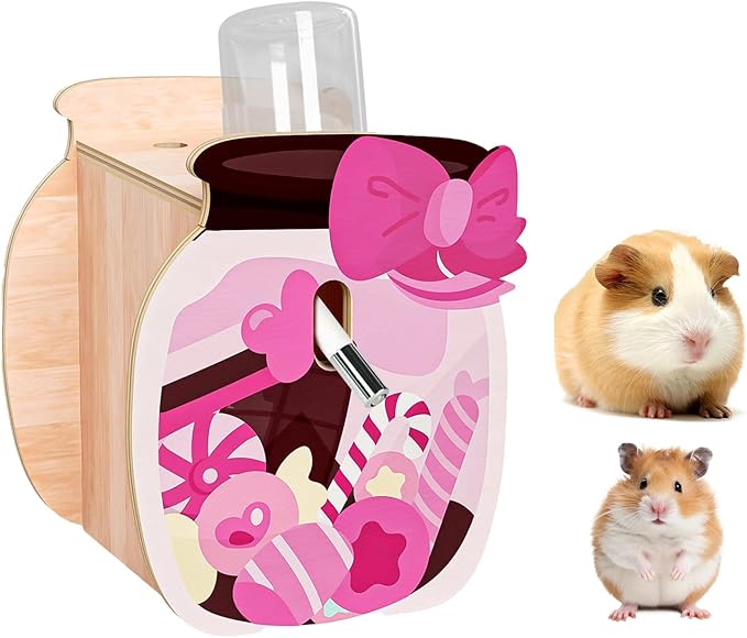 mini&moe Hamster Water Bottle for Glass Tank – 4 oz Guinea Pig Water Bottle No Drip for Hamster Cage Accessories Small Animal Water Dispenser with Wooden Holder for Rats, Gerbils