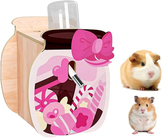 mini&moe Hamster Water Bottle for Glass Tank – 4 oz Guinea Pig Water Bottle No Drip for Hamster Cage Accessories Small Animal Water Dispenser with Wooden Holder for Rats, Gerbils