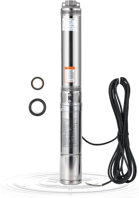 Deep Well Submersible Pump, 1HP 230V/60Hz, 27GPM Flow 204ft Head, with 33ft Electric Cord & Check Valve, 4" Stainless Steel Water Well Pump for Industrial,Irrigation,Home Use, IP68 Waterproof Grade