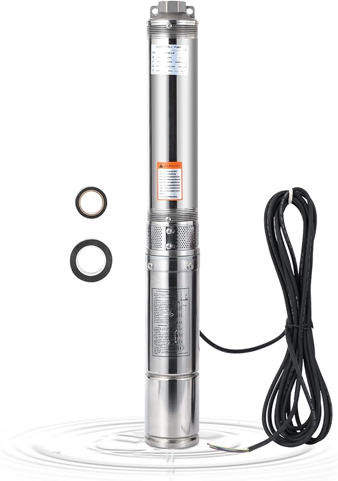 Deep Well Submersible Pump, 1HP 110V/60Hz, 27GPM Flow 204ft Head, with 33ft Electric Cord & Check Valve, 4" Stainless Steel Water Well Pump for Industrial,Irrigation,Home Use, IP68 Waterproof Grade