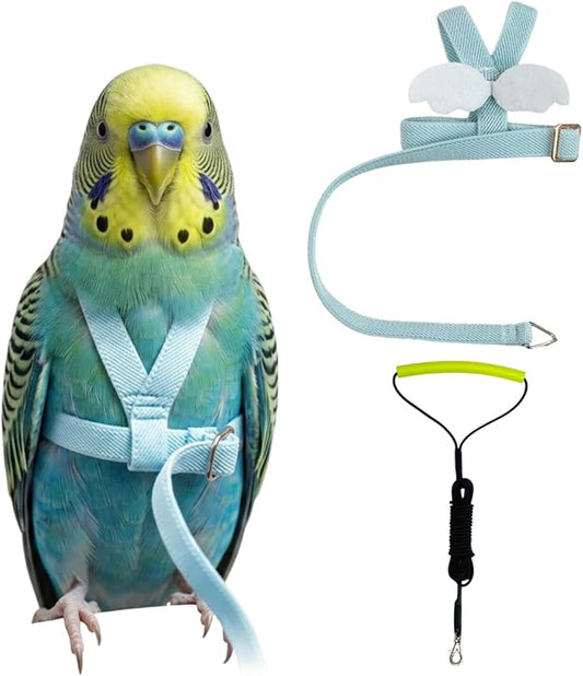Adjustable Bird Harness with Elastic Leash, Pet Parrot Harness and Leash, Adjustable Training Design Anti-Bite, Bird Nylon Rope with Cute Wing for Conure (Light Blue,XS)