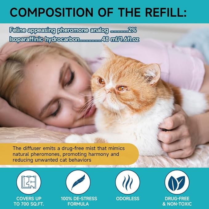 Woyamay Cat Calming Diffuser - Cat Pheromones Calming Diffuser for Cat Anxiety Relief 3-in-1 Cat Pheromone Diffuser Kit with 1 Diffuser + 2 Refill 48ml Vial - 60 Days Pheromone Diffuser to Calm Cats
