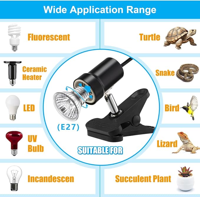 DaToo Reptile Heat Lamp Rotatable Turtle Heating Light with 50W UVA UVB Heat Bulb Simulated Sunlight Basking Spot Lamp with Clamp for Reptiles Lizard Amphibian Bearded Dragon Snake (With Timer&Dimmer)