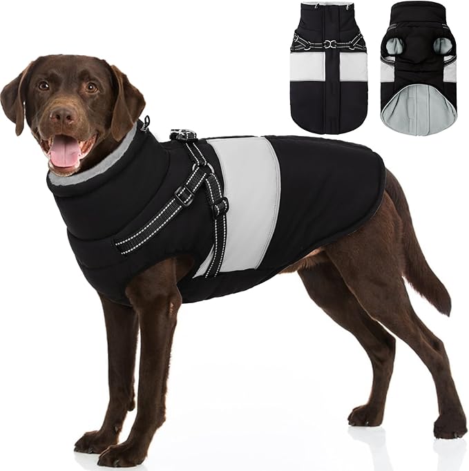 Dog Coat, XXL Dog Jacket Winter with Harness Built in, Waterproof Pet Snow Jacket with Furry Collar for Chilly Day, Reflective Fleece Snowsuit for Extra Large Dogs, Black 2XL