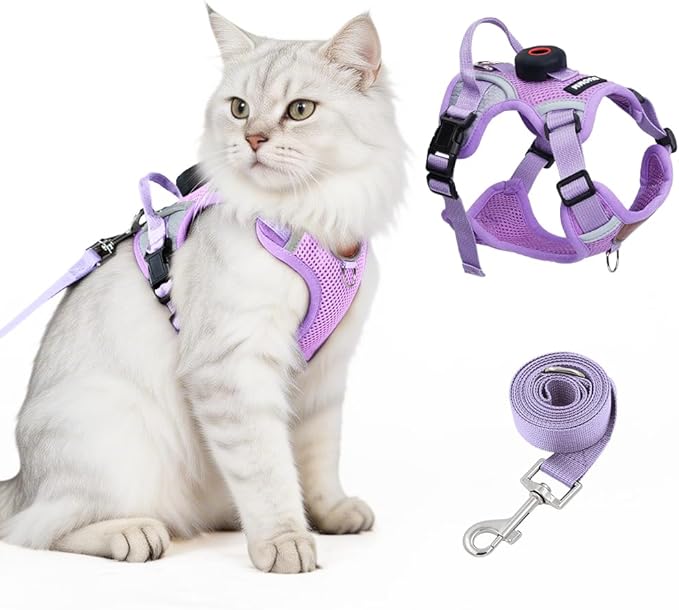 Cat Harness and Leash Set with Tracker Holder, Upgraded Escape Proof Kitten Harness with Lead for Large Adult Cats, Soft Mesh Puppy Reflective Adjustable Jacket Vest for Walking, Purple M