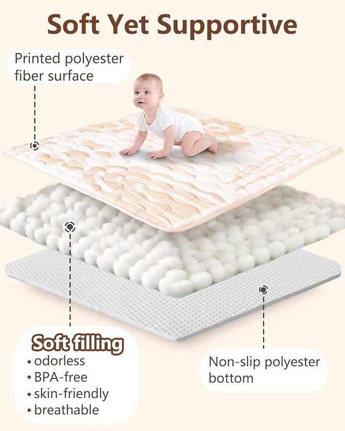 Baby Play Mat, 50x50 Mat with Super Soft Touch, Activity Mat with Upgraded Anti-Slip Bottom, Machine Washable Crawling Mat for Floor & Picnic(Beige Line)