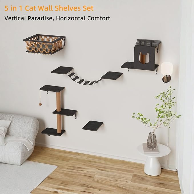5-in-1 Cat Wall Shelves Set with Hammock, Wall-Mounted Cat Furniture Includes Condo, Bridge, Ladder & Steps for Indoor Cats, Safe & Stable (Dark Gray)