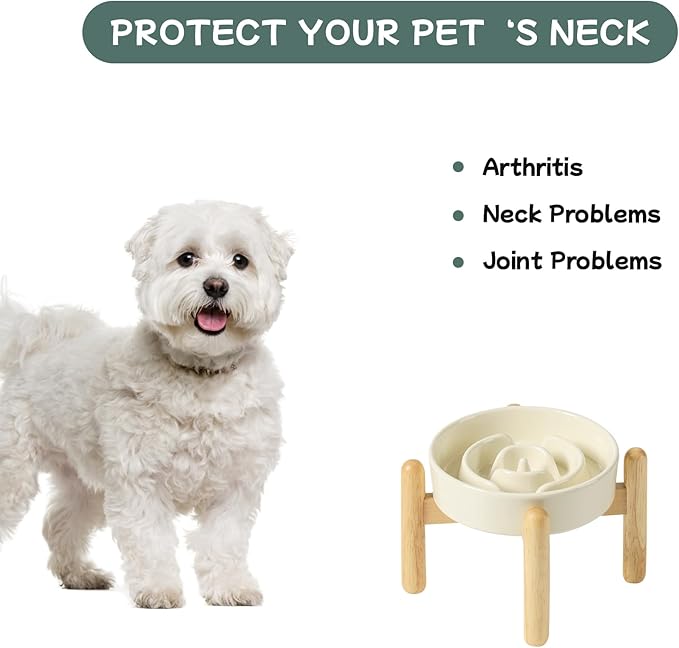 Havniva Ceramic 0.9 Cup Raised Dog Slow Feeder Set, Elevated Bowl with Wooden Stand for Small Dog and Cat, 6.1inch Puzzle Slow Dog Food Dish, Anti-Gulping(Light Yellow, Single Bowl+ Stand)