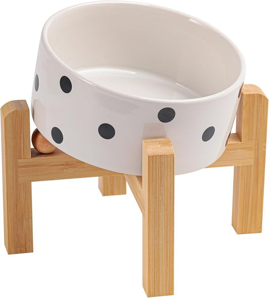 Elevated/Raised 15°Tilted Anti Slip Ceramic Dog Bowl for Small/Medium Breeds,Slanted Bulldog Big Face Pet Food Water Feeding Dish with Stand for Cats and Dogs (3.6 Cups/28 OZ) Black Dot