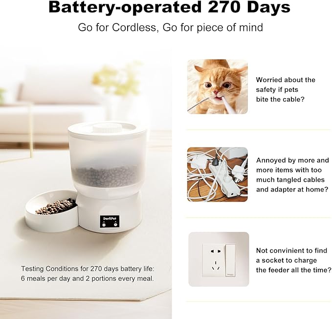 Automatic Cat Feeder with 270-Day Battery Life, Rechargeable Auto Cat Feeder with Slow Feed Mode & Very Quiet Dispensing, 2.5L App Controlled Small cat Food Dispenser for Cats & Small Dogs