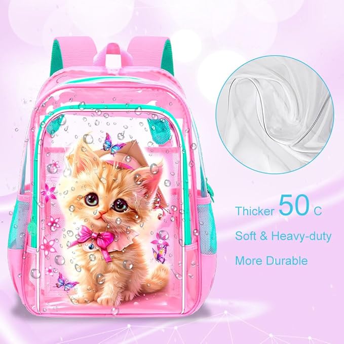 AGSDON 3PCS Clear Backpack for Girls,16" Transparent Bookbag Heavy Duty, Cute See Through Backpacks with Lunch Bag - Pink Cat