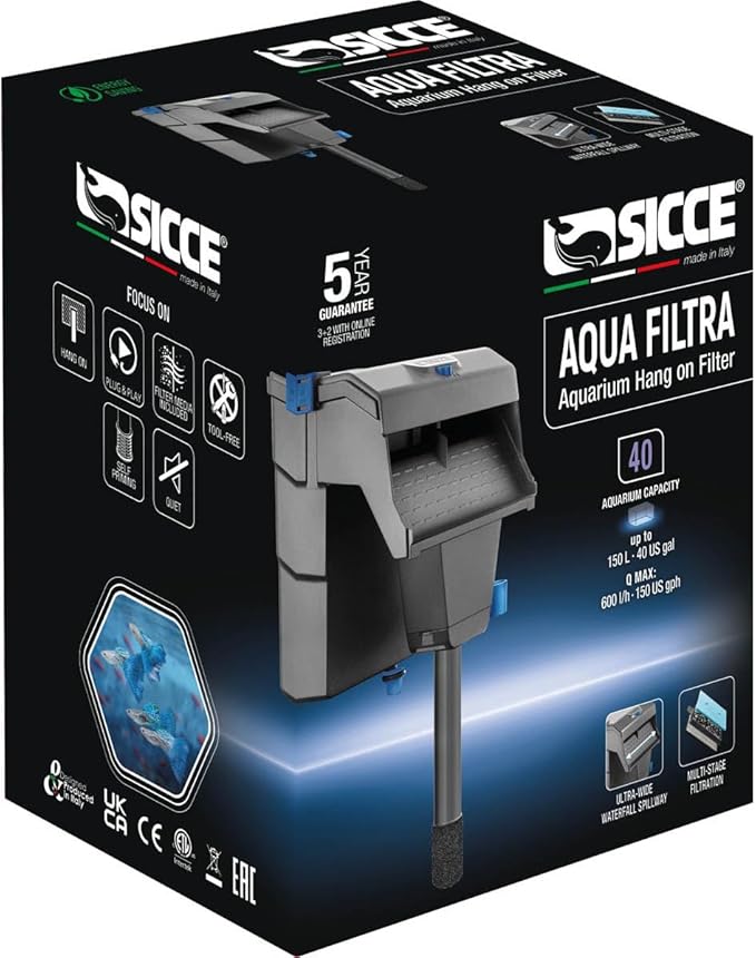 Sicce Aqua Filtra 40 Hang On Back Aquarium Fish Tank Power Filter Up to 40 Gallon Aquariums - Quiet 3-Stage HOB for Freshwater & Saltwater