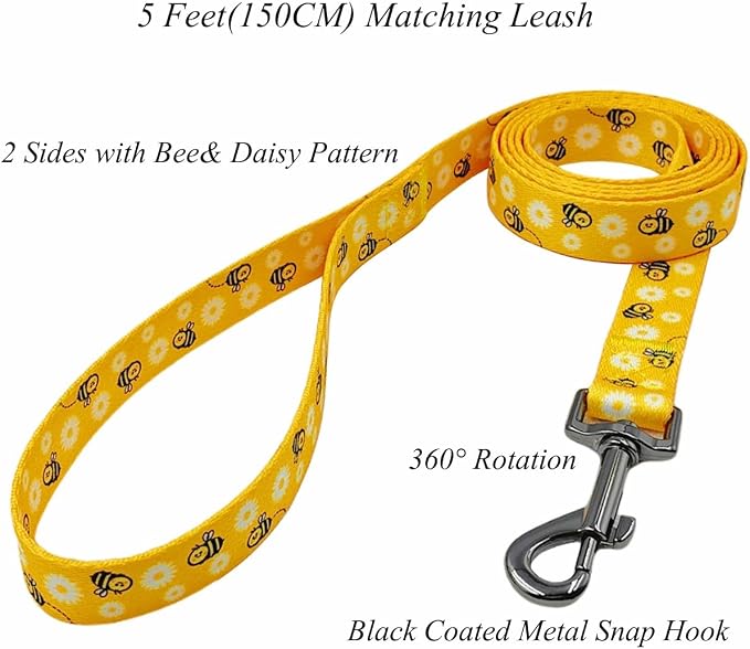 Dog Collar Leash Set, Floral Pattern, Polyester Material, Adjustable Collar and 5ft Matching Leash, for Small Dogs.(S, Bee Daisy)
