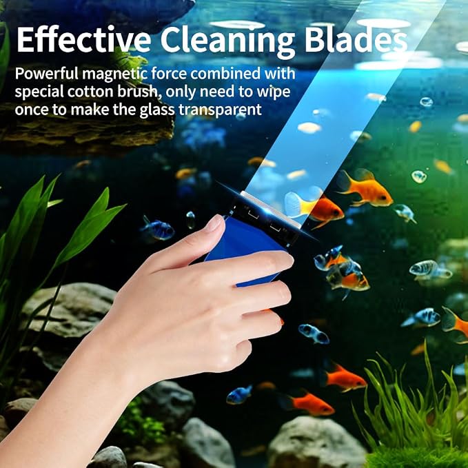 Magnetic Fish Tank Glass Cleaner, Dual-Blades Algae Scraper Glass Cleaner Scrubber with 2 Detachable Scrapers, Double Side Floating Magnetic Brush for 0.2-0.4 Inch Thick Glass Aquariums Tank, Size S
