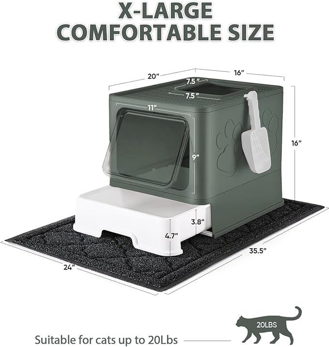 Medario Cat Litter Box with X-Large Litter Mat and Scoop, Large Covered Litter Box with Lid, Enclosed Kitty Box,Front Top Entry Exit, Odor Control Easy to Clean (Upgrade Olive Green)