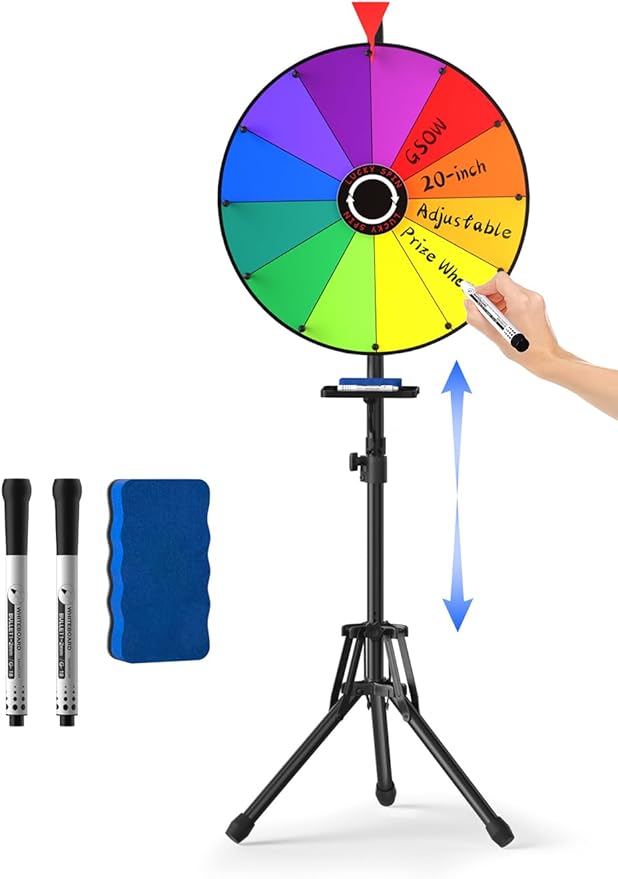 GSOW 20-Inch Spinning Prize Wheel, Adjustable 47"-61" Height Spin Game Storable Wheel with Stand, 12 Colors Wheel of Fortune for Carnival, Party, Classroom, Trade Show, Carnival Events