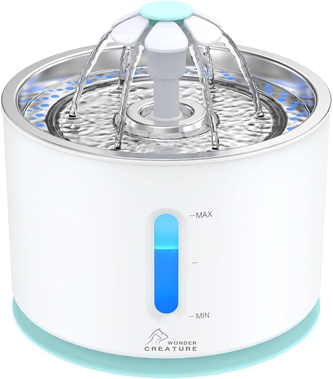 Wonder Creature Cat Water Fountain 2.4L/81oz for Multiple Cats, Stainless Steel Lid Automatic Pet Fountain with Ultra Quiet Pump, LED Light & Water Level Window