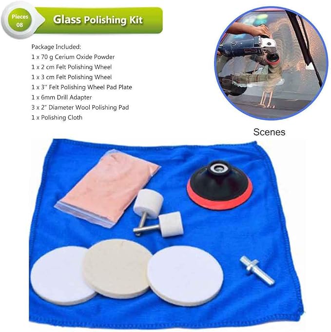 9Pcs/Set Glass Kit Multifunctional Deep Scratch Remover Car Polish Pad Cerium Oxide Polishing Powder Felt Polishing Wheel Set for Windscreen and Glass Repair