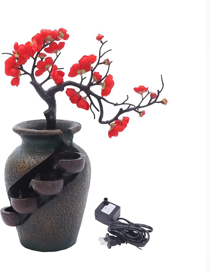 Indoor Fountain Rockery Tabletop Fountain with Flowers | Water Feature Meditation Desktop Fountains for Home Office Decor or Giving 11.8' x 7.1'' x 15.8''