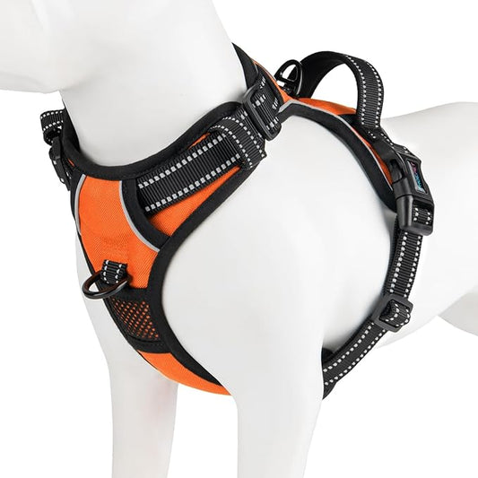 PHOEPET Reflective Dog Harness No Pull Large Breed Vest with 2 Metal Leash Attachment Hooks(L, Orange)