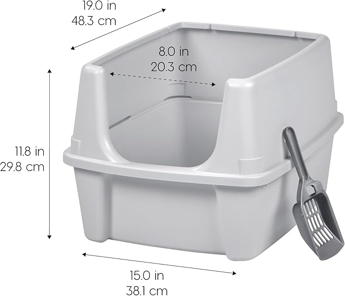 IRIS USA Cat Litter Box Large Open Top with High Sided Walls Tall Scatter Shield Scoop Included Easy Clean Plastic Pan Stain Resistant for Big Cats Kittens Indoor Multi-Cat Households