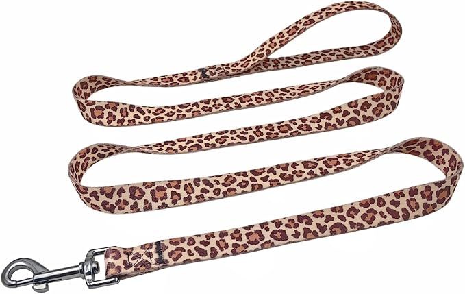 Dog Collar Leash Set, Leopard Pattern, Polyester Material, Adjustable Collar and 5ft Matching Leash, for Small Dogs.(S, Light Coffee Leopard)